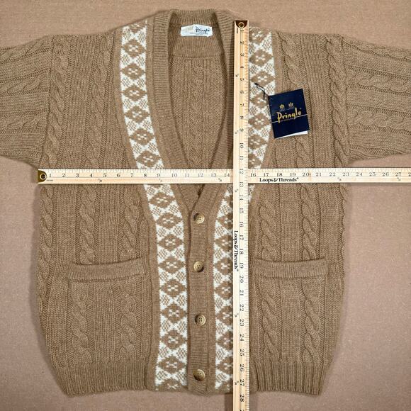 Vintage Pringle of Scotland Wool Cardigan Cable Knit Fair Isle Brown L 80s NWT - Picture 8 of 8
